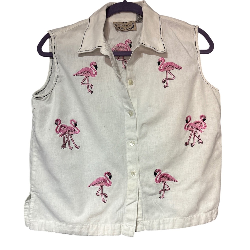 Life Style Linen Top Womens L Flamingo Embroidered White Sleeveless Vintage